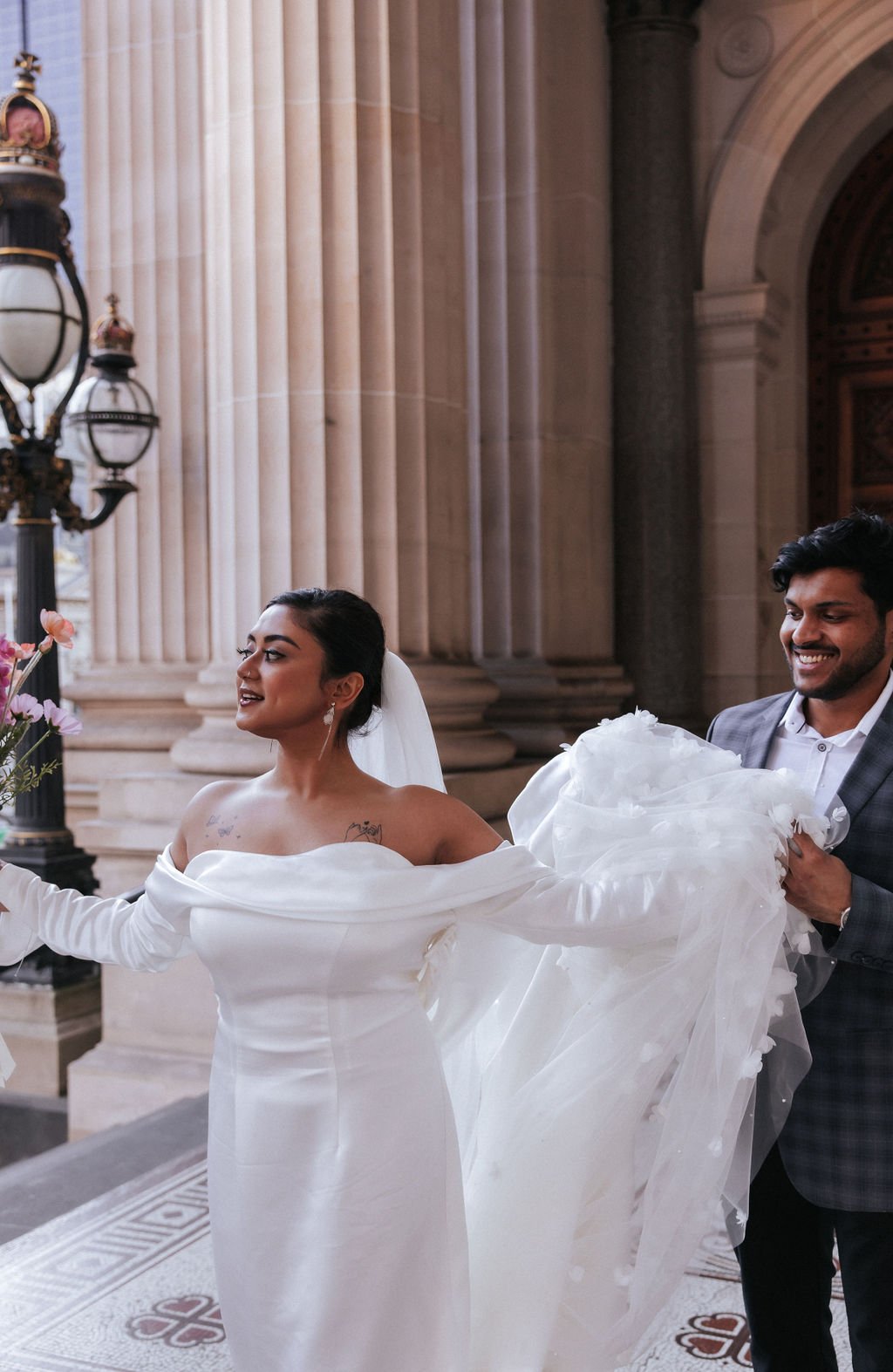 Off-Shoulder Long Sleeve Soft Satin Wedding Dress - Image 5