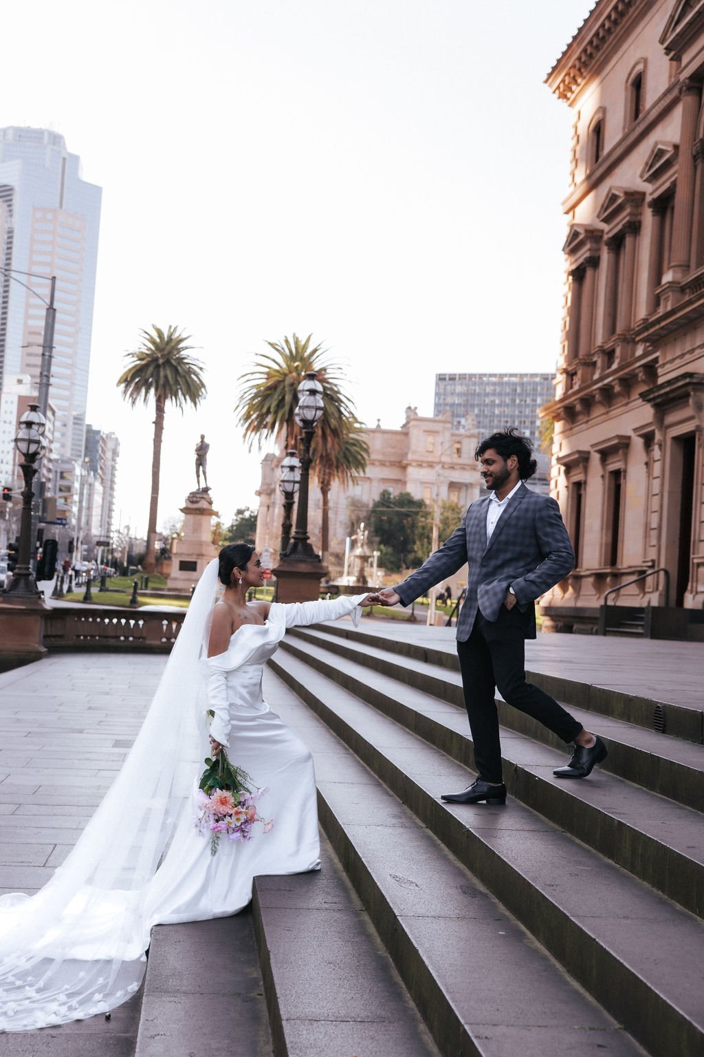 Off-Shoulder Long Sleeve Soft Satin Wedding Dress - Image 3