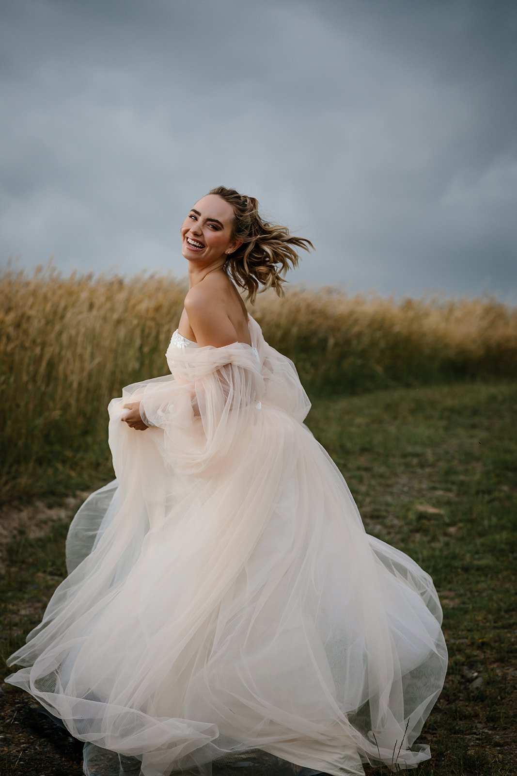 Peach Tulle Boho Wedding Dress - Image 9
