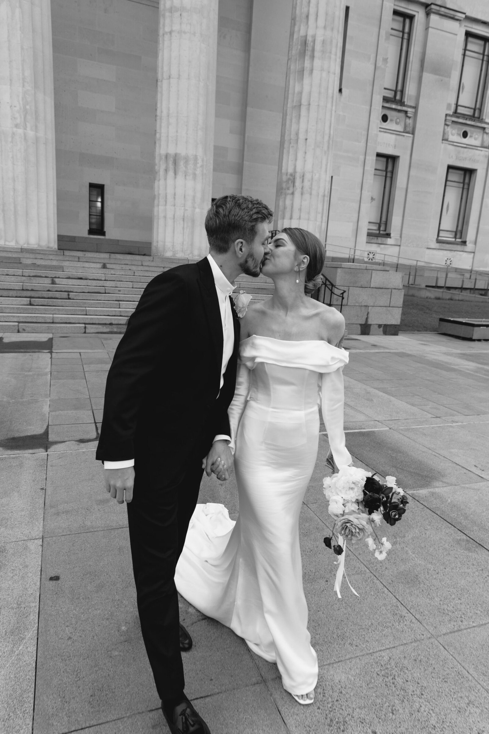 Off-Shoulder Long Sleeve Soft Satin Wedding Dress - Image 9