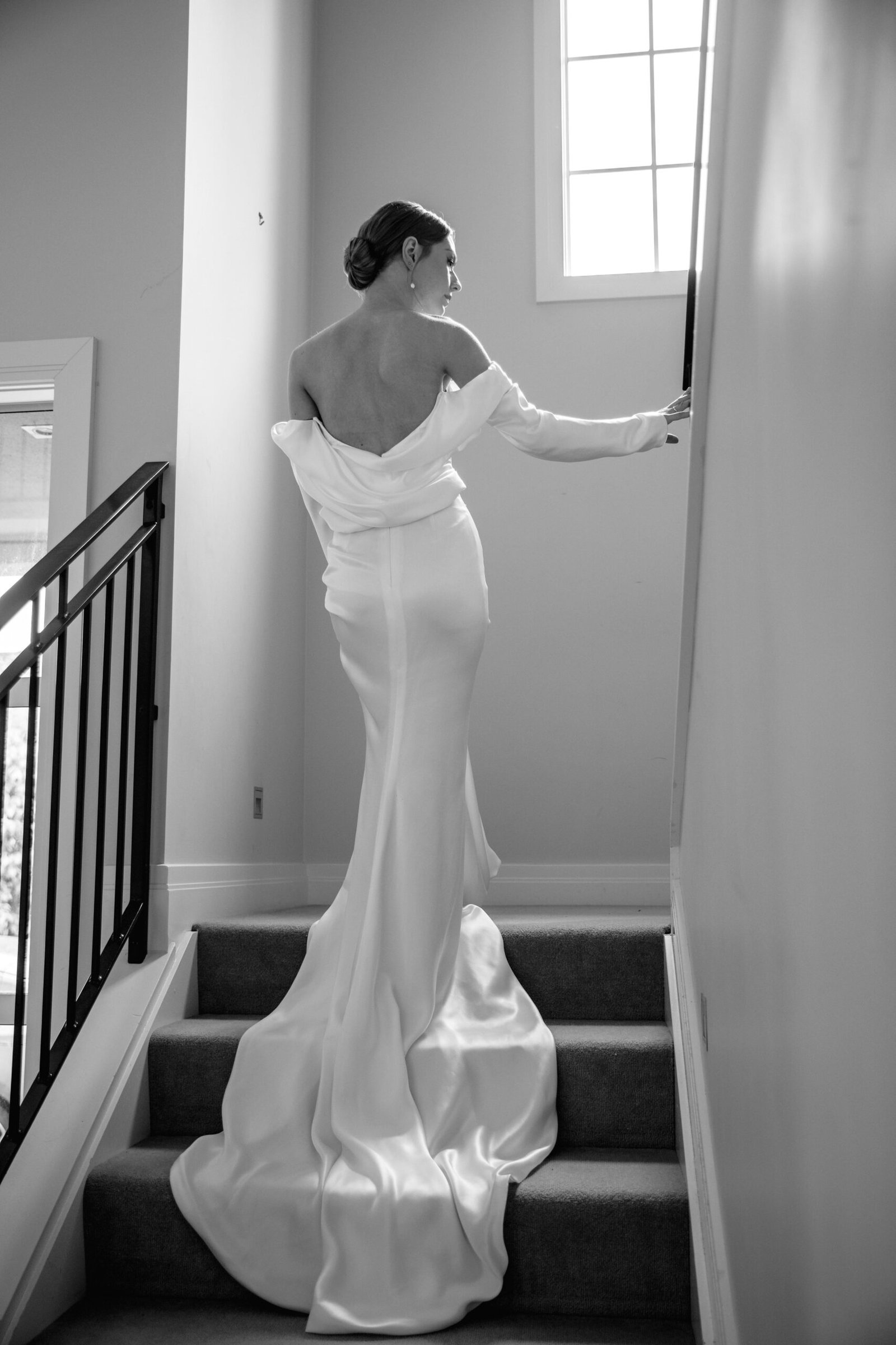 Off-Shoulder Long Sleeve Soft Satin Wedding Dress