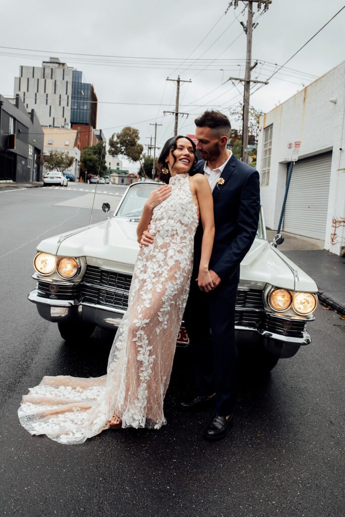 High Neck Floral Lace Wedding Dress with Open Back