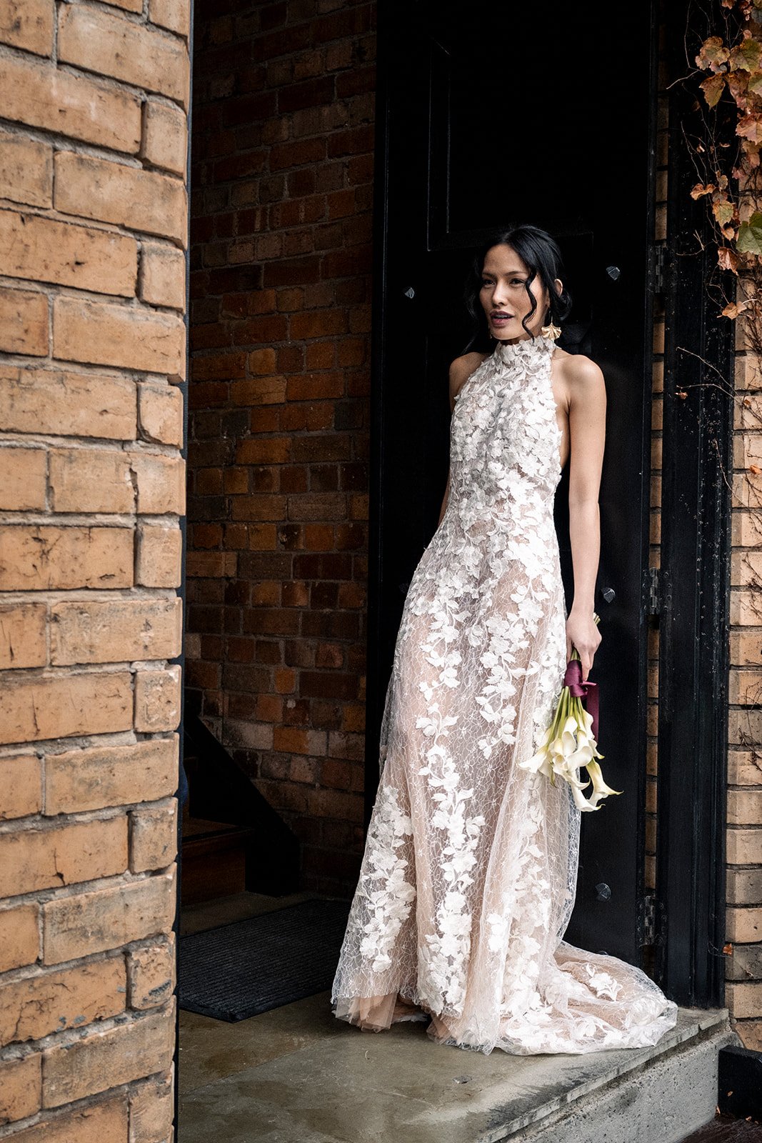 High Neck Floral Lace Wedding Dress with Open Back - Image 3