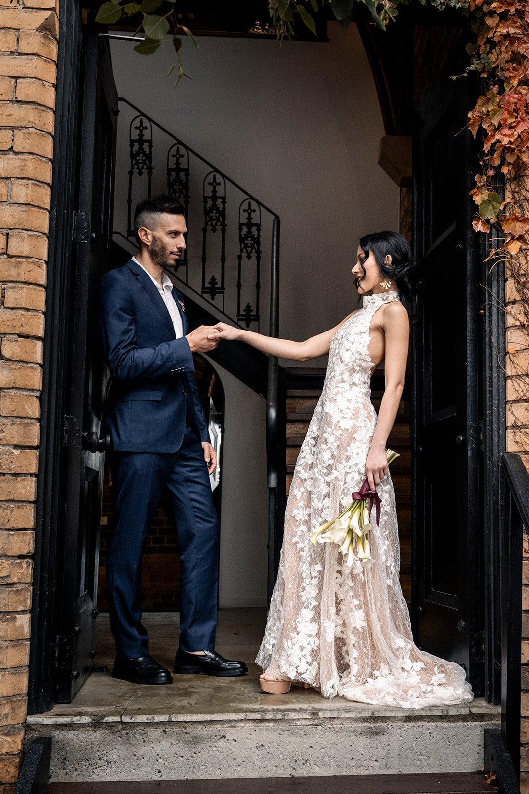 High Neck Floral Lace Wedding Dress with Open Back - Image 4