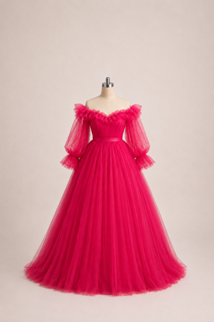 Hot Pink Off-the-Shoulder Tulle Ball Gown with Sheer Puff Sleeves